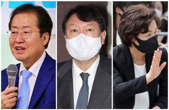 홍준표(왼쪽) 국민의힘 의원, 윤석열(가운데) 국민의힘 대선 후보, 추미애 전 법무부 장관. <연합뉴스>